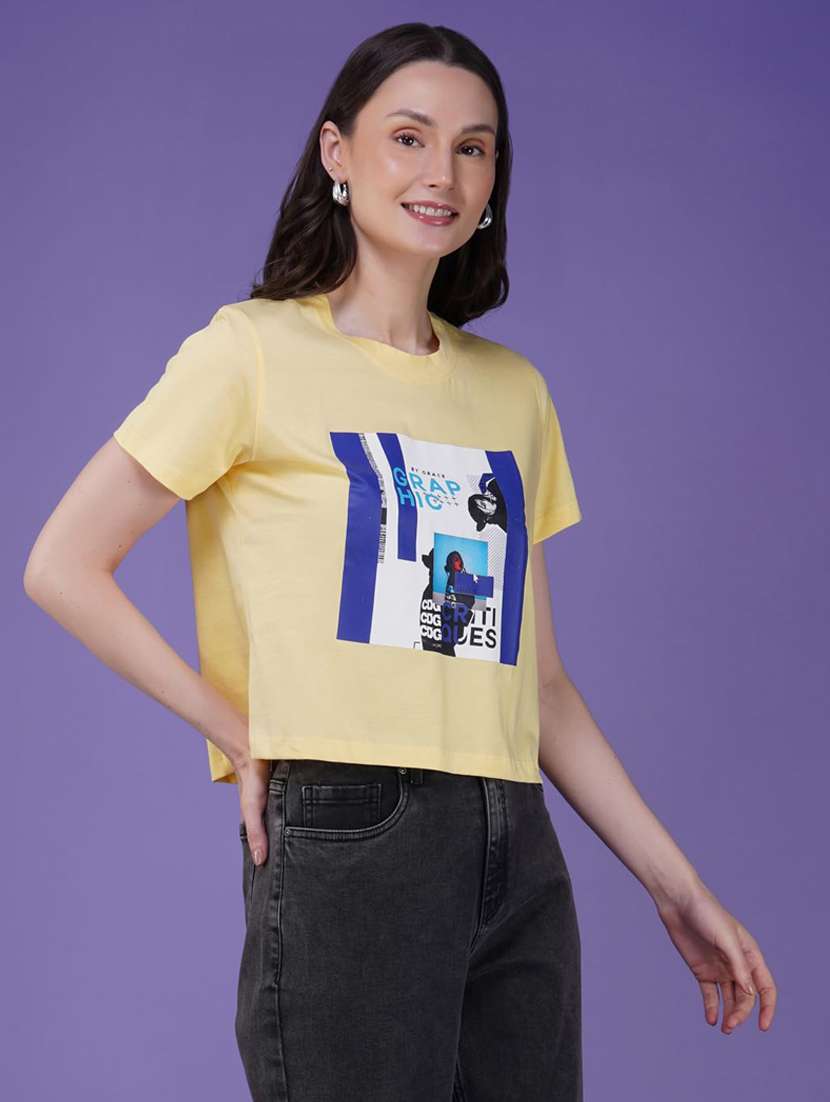 women printed short sleeve regular fit crop t-shirt
