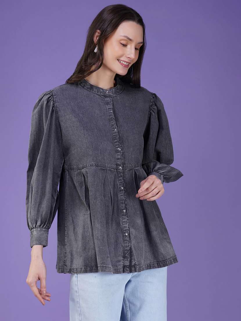 women solid puff sleeve peplum top - 21935519 - Zoom Image - 0