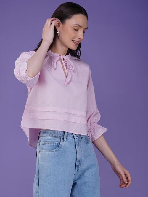 women solid tie-up neck puff sleeve crop top - 21935527 - Standard Image - 0