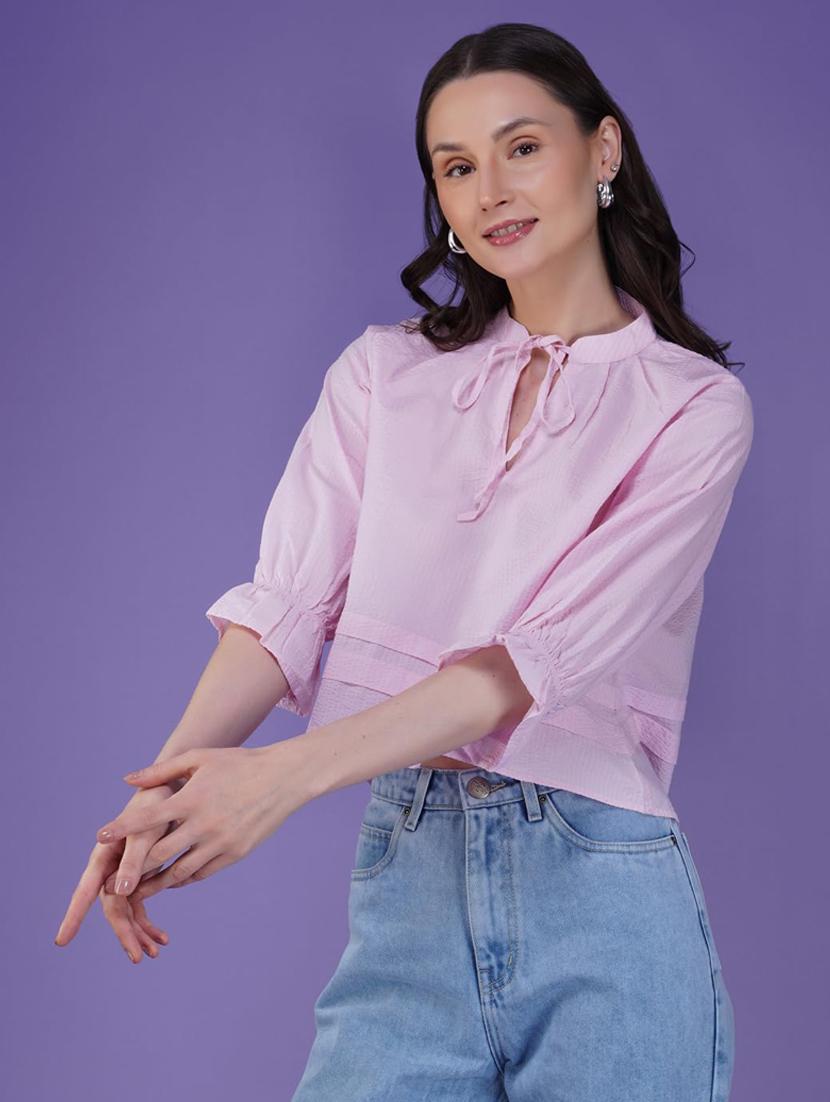women solid tie-up neck puff sleeve crop top - 21935527 - Standard Image - 2
