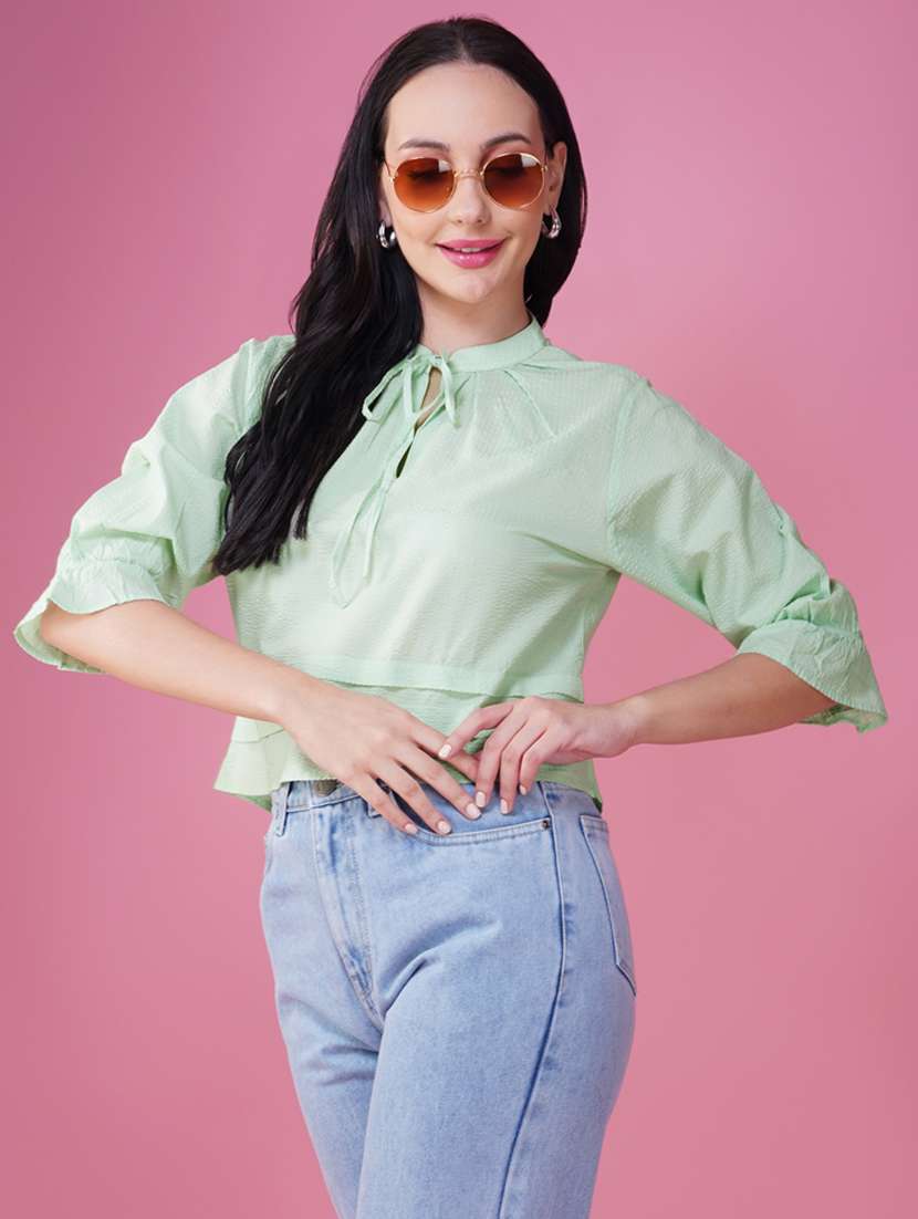 women solid tie-up neck puff sleeve crop top