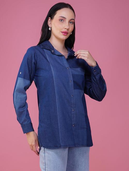 women color blocked collared long sleeve denim shirt - 21935599 -  Standard Image - 0
