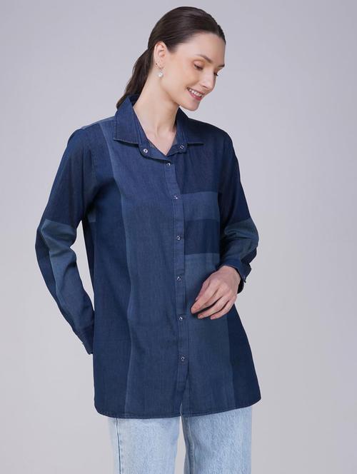 women color blocked collared long sleeve denim shirt - 21935600 - Standard Image - 0