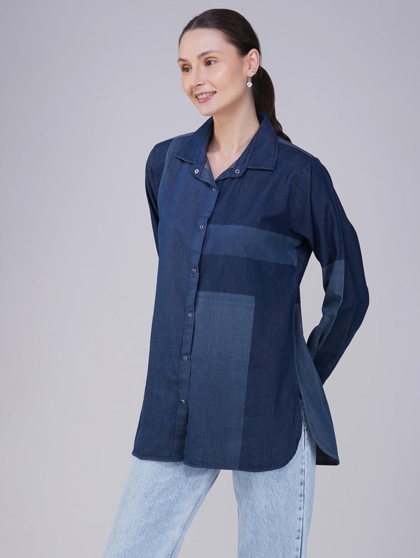 women color blocked collared long sleeve denim shirt - 21935600 - Standard Image - 2