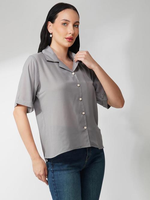 women lapel solid collared short sleeve shirt - 21935601 - Standard Image - 0