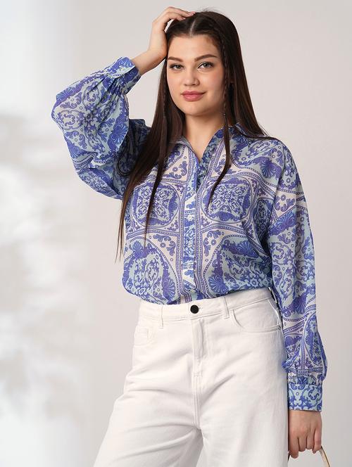 women printed puff sleeve relaxed fit shirt - 21935605 - Standard Image - 0