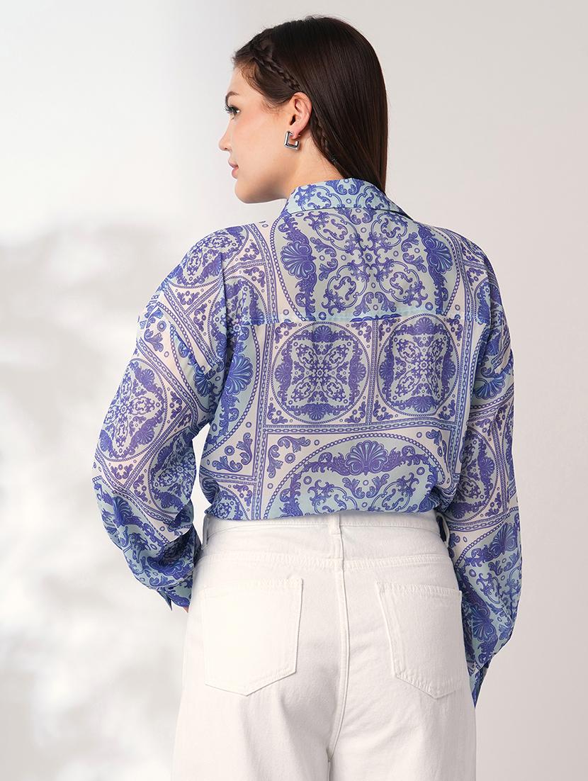 women printed puff sleeve relaxed fit shirt - 21935605 - Standard Image - 2