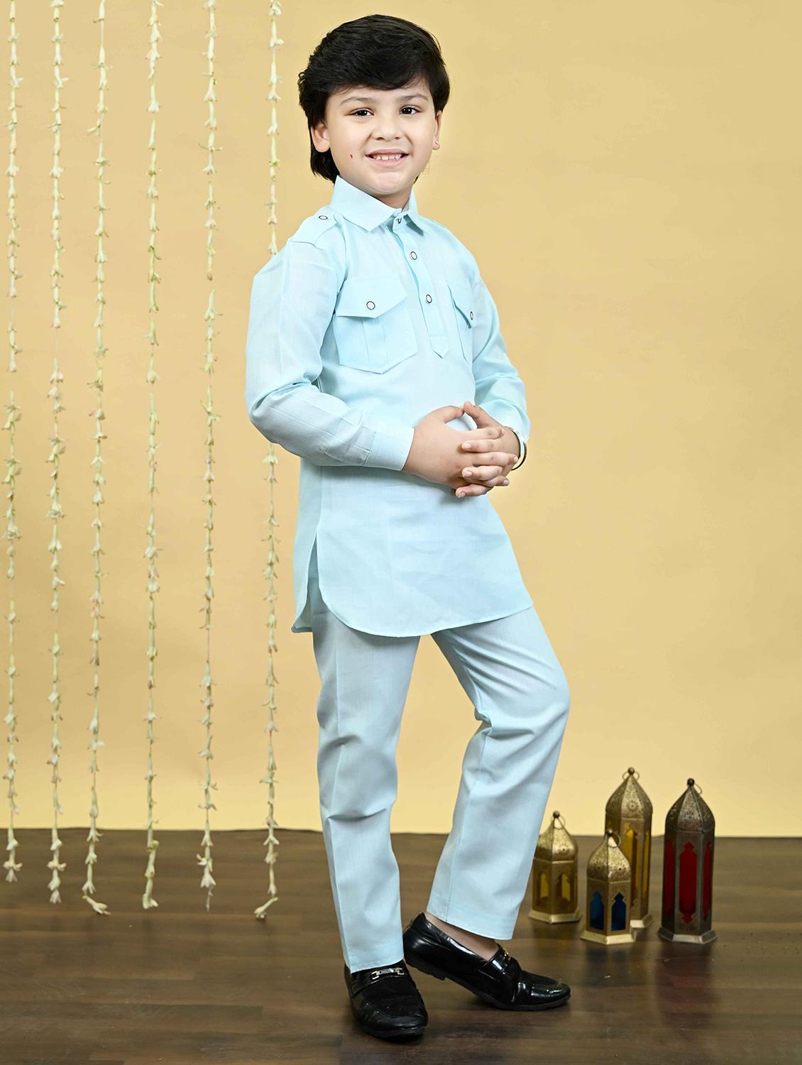 boys solid long sleeve kurta and pyjama set - 21935668 - Standard Image - 2