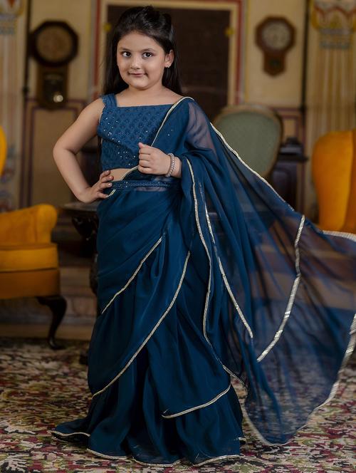 girls solid ruffled ready to wear saree - 21935694 - Standard Image - 0