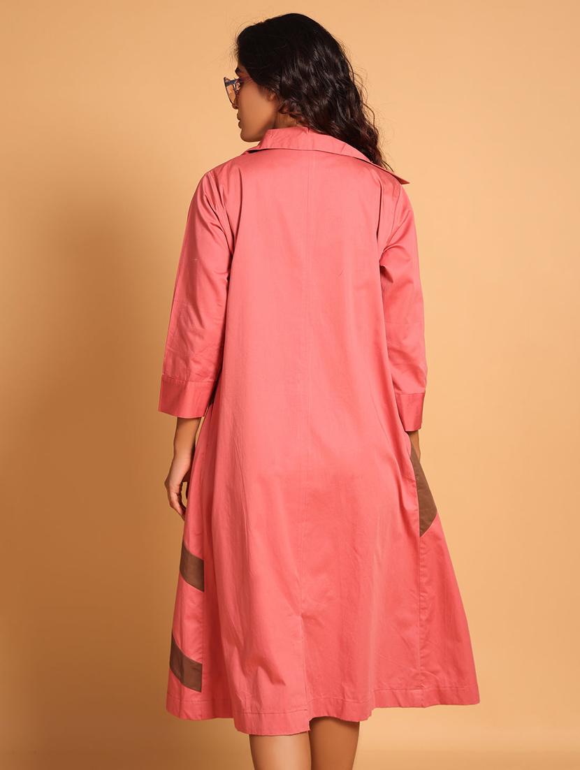 women pink color block long sleeve coat dress - 21935902 - Standard Image - 2