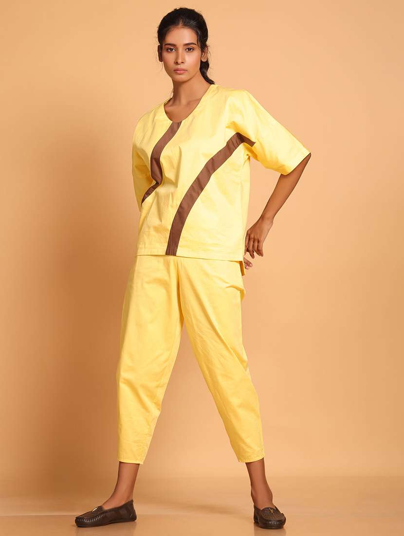 women yellow color block top & trouser co-ord set