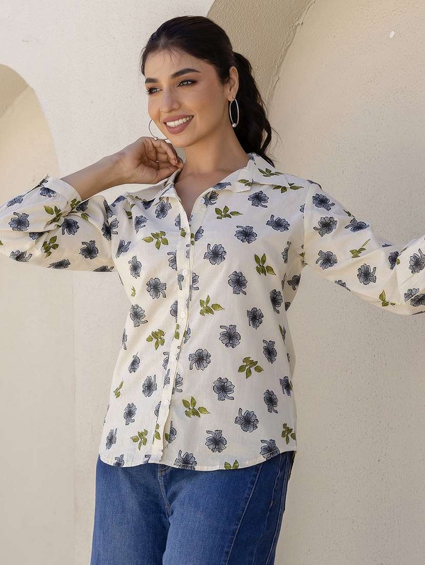 women floral print collared long sleeve shirt