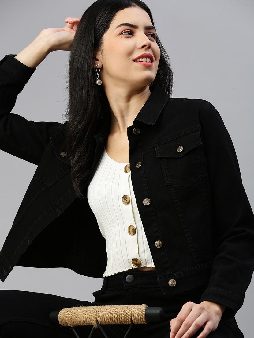 women black solid long sleeve denim jacket - 21935945 - Zoom Image - 0