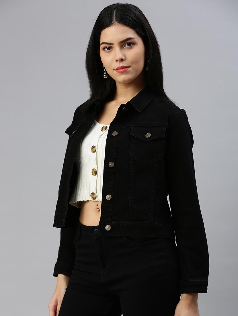 women black solid long sleeve denim jacket - 21935945 - Standard Image - 2