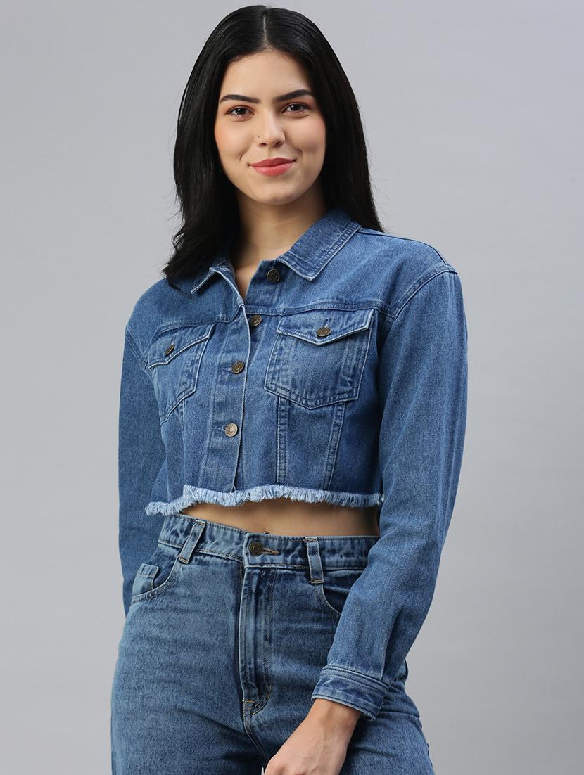 women blue solid long sleeve denim jacket - 21935946 - Standard Image - 2