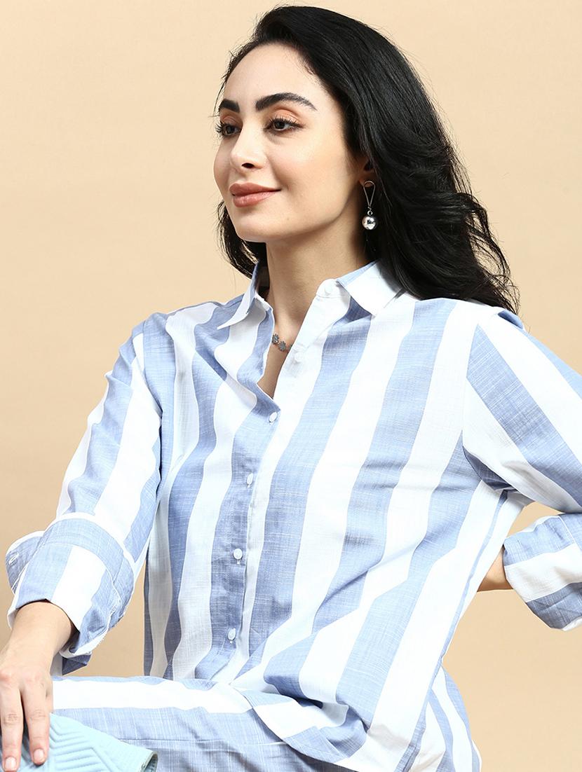 women striped collared long sleeve shirt - 21935947 - Zoom Image - 0