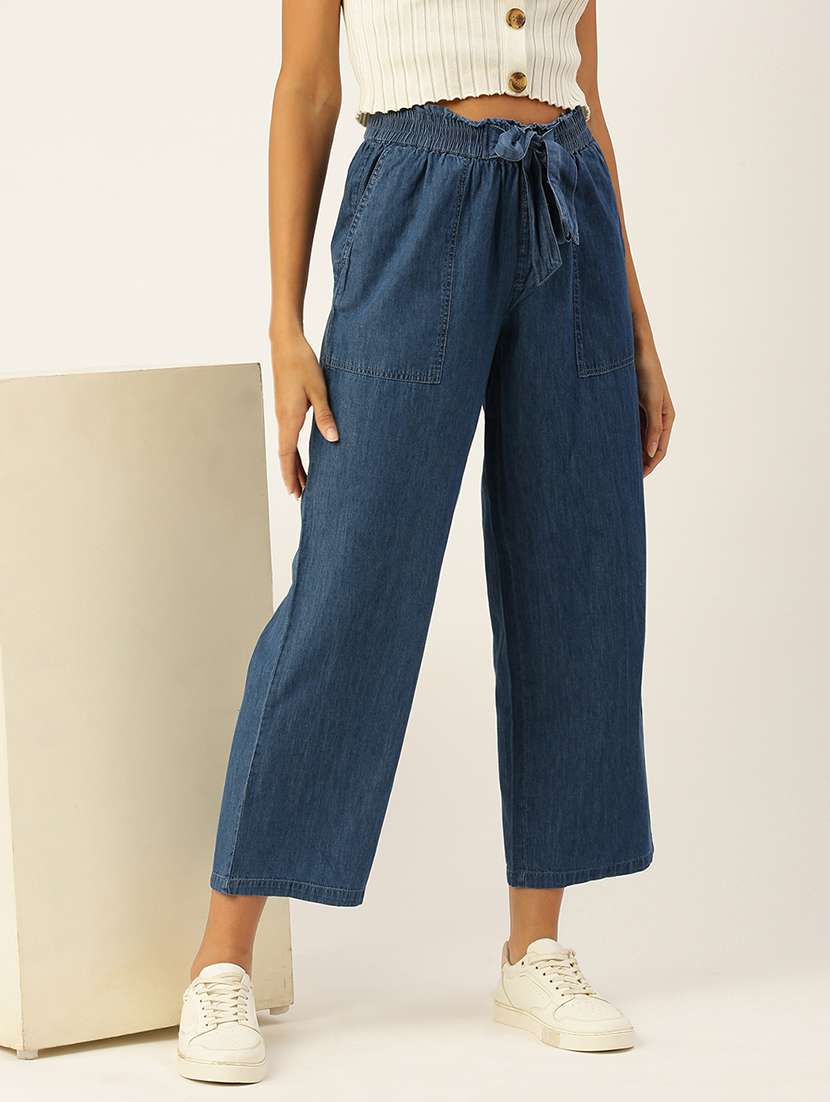 women solid high rise straight fit denim trouser