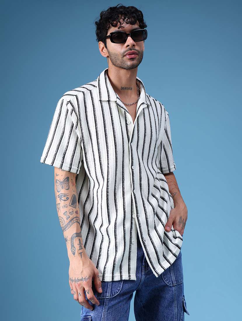 men striped short sleeve regular fit casual shirt