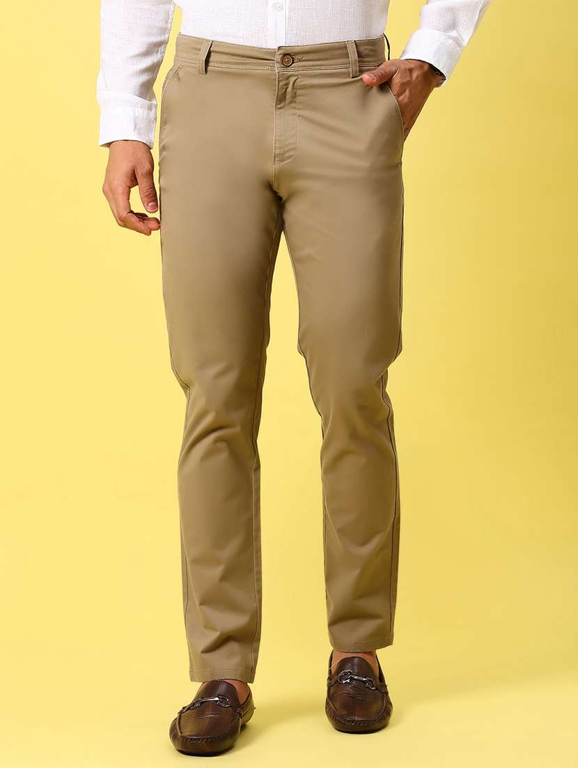 men solid md rise flat front casual chinos 