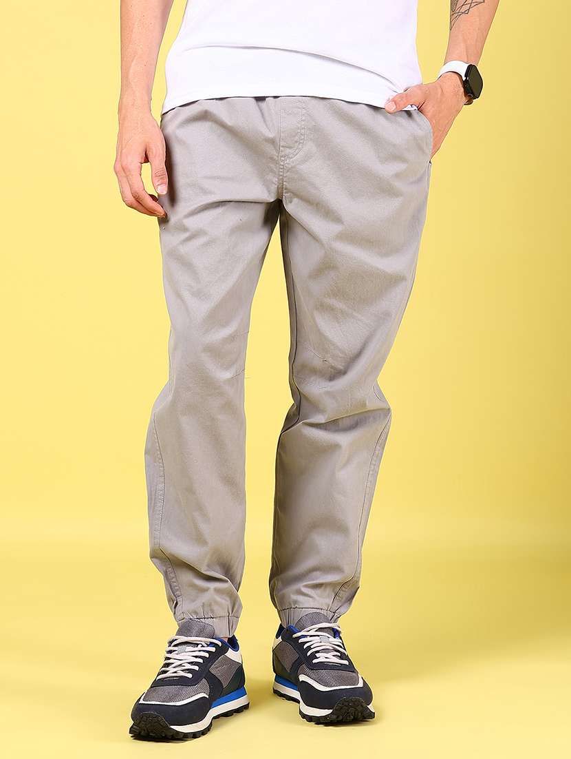 men grey solid mid rise regular fit jogger