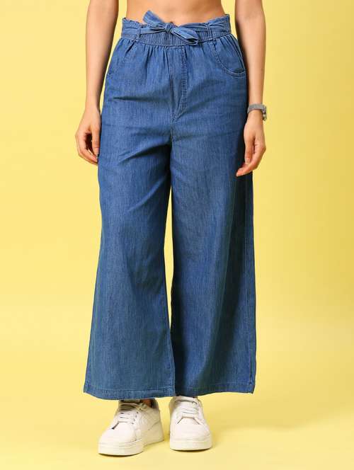women solid high rise denim wide leg trouser