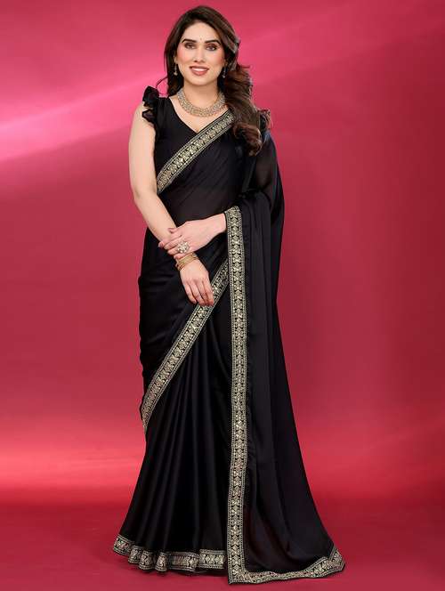 women solid with bordered saree with blouse