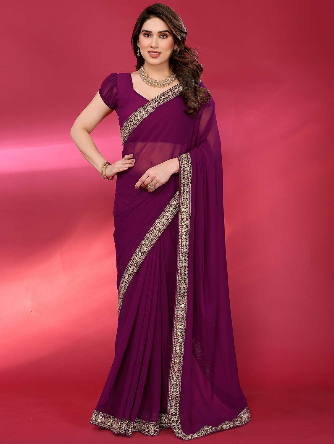 women solid with bordered saree with blouse