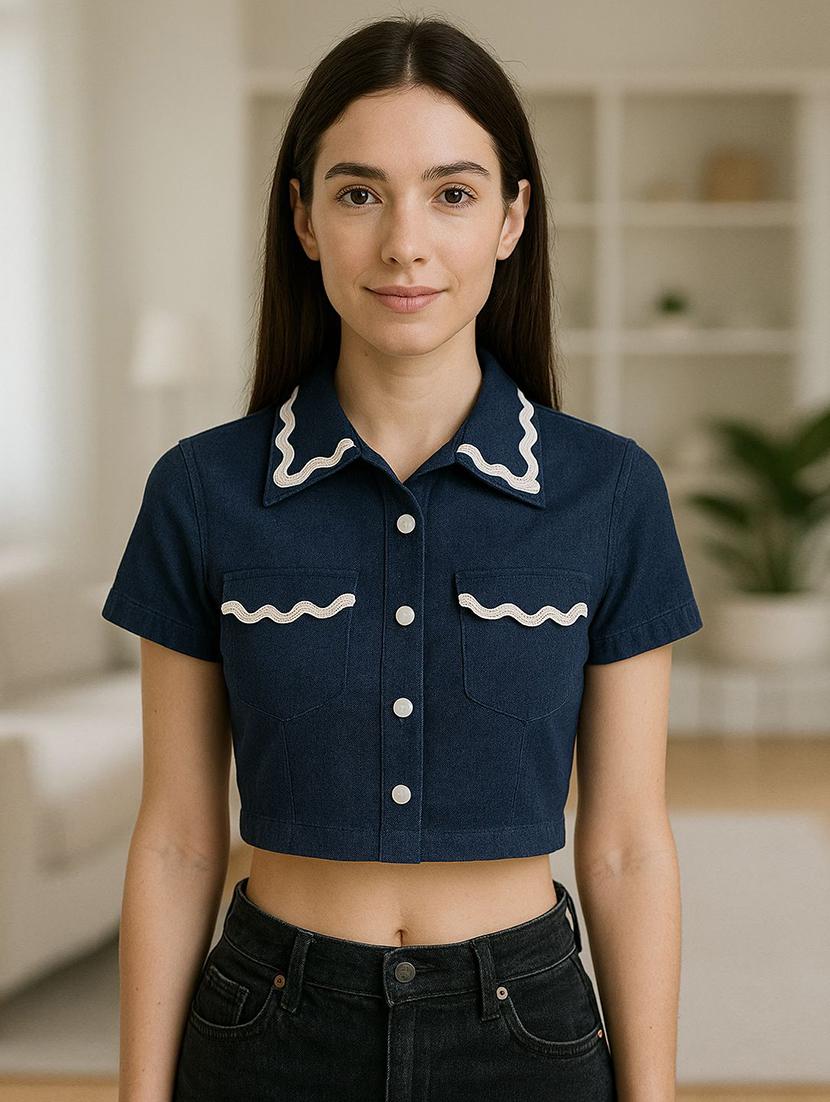 women solid collared shirt style denim top