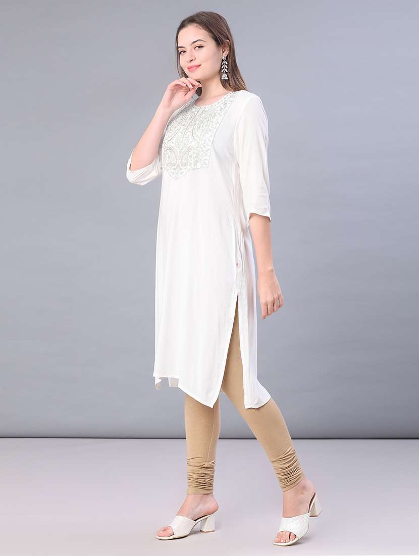 women solid with work three quarter sleeve straight kurta - 21938511 -  Standard Image - 2