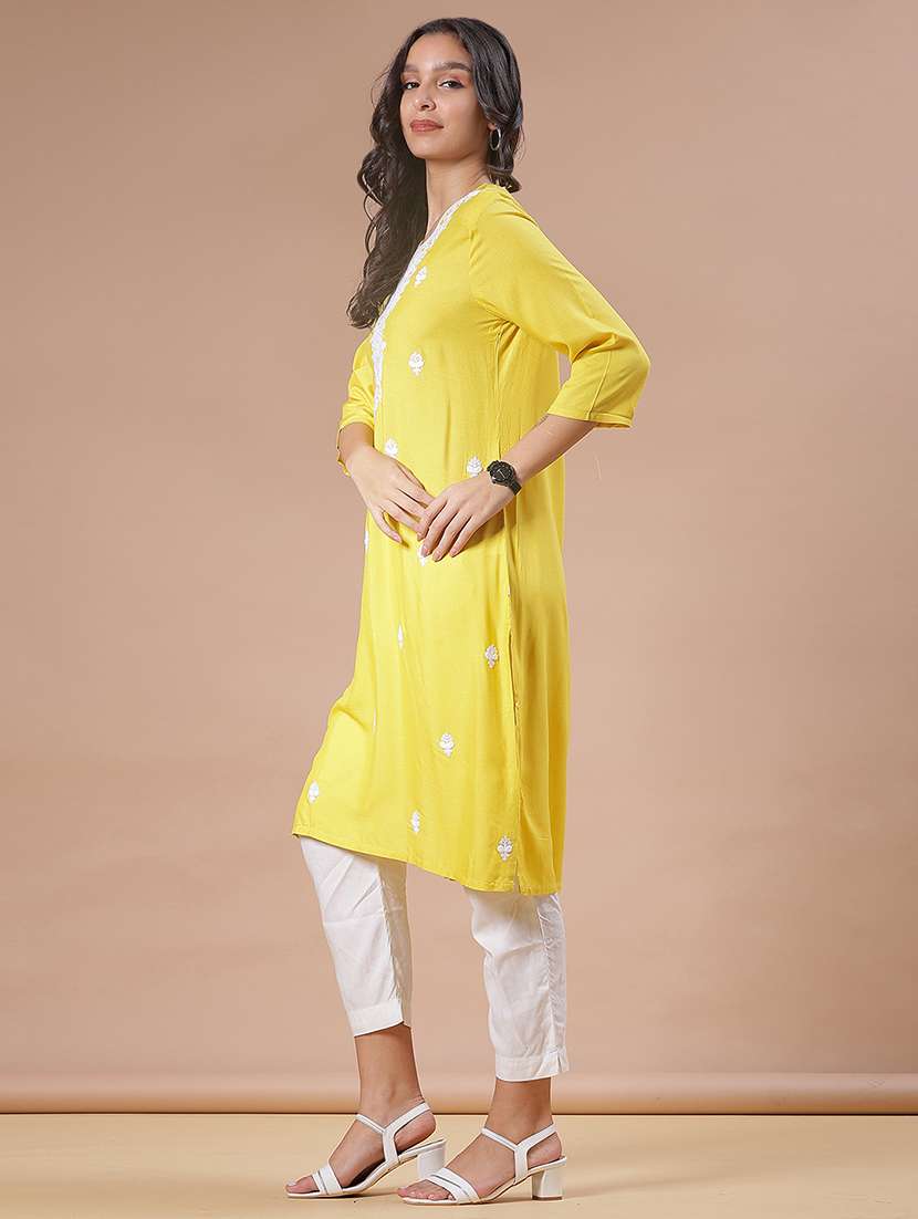 women three quarter sleeve straight kurta - 21938646 -  Standard Image - 2