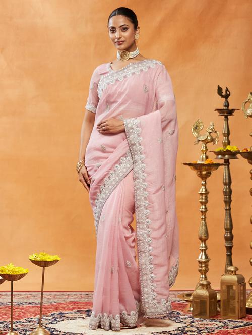 women solid with work embroidered saree with blouse - 21939006 - Standard Image - 0