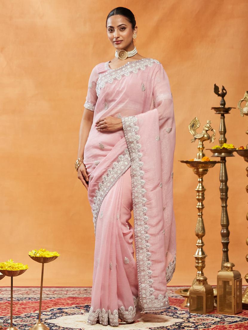 women solid with work embroidered saree with blouse - 21939006 - Zoom Image - 0