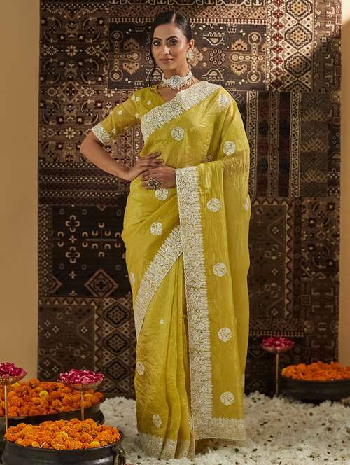 women solid with work embroidered saree with blouse - 21939102 -  Standard Image - 0