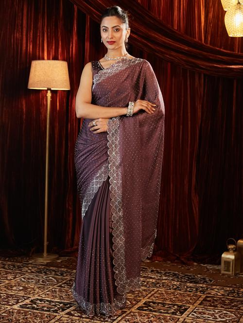 women solid with work embellished saree with blouse - 21939116 - Standard Image - 0