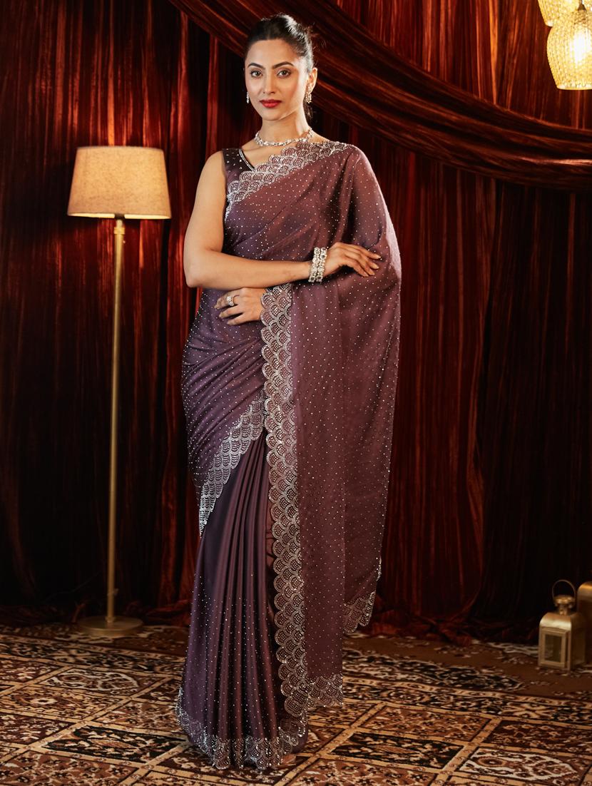 women solid with work embellished saree with blouse - 21939116 - Zoom Image - 0