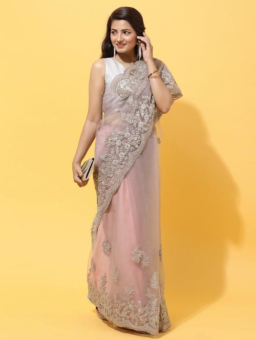 women solid with work embroidered saree with blouse - 21939139 - Standard Image - 0