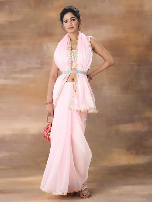 women solid plain saree with blouse - 21939142 - Standard Image - 0