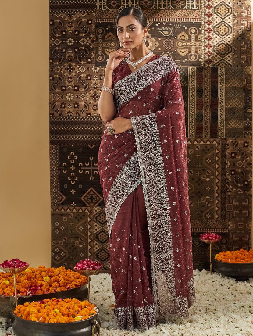 women solid with work embroidered saree with blouse - 21939150 -  Zoom Image - 0