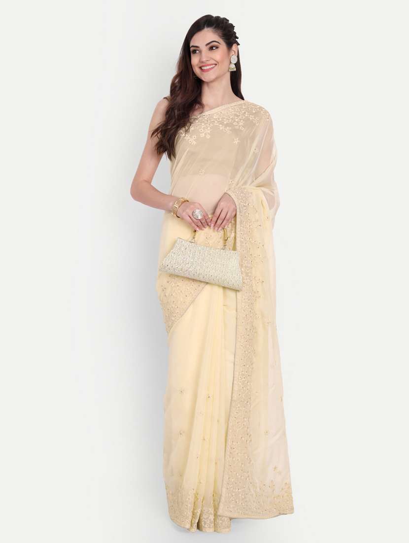 women solid with work embroidered saree with blouse