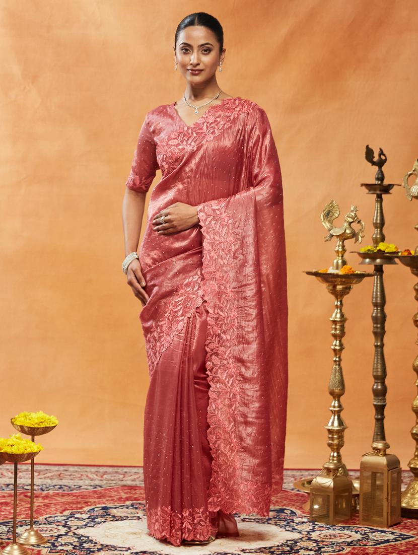 women solid with work embroidered saree with blouse - 21939158 - Zoom Image - 0