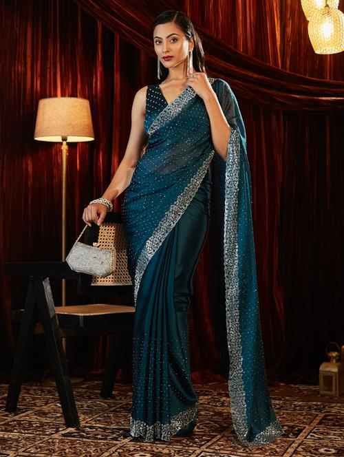 women solid with work embellished saree with blouse - 21939161 - Standard Image - 0