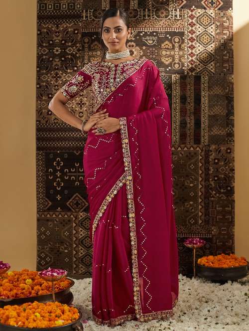 women solid with work embroidered saree with blouse - 21939165 -  Standard Image - 0