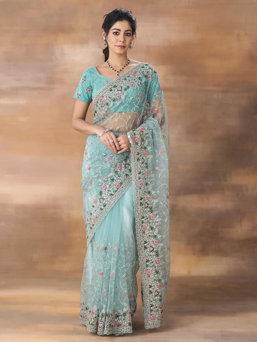 women solid with work embroidered saree with blouse - 21939166 - Zoom Image - 0