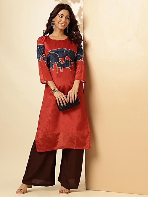 women three quarter sleeve straight kurta - 21939244 -  Standard Image - 0