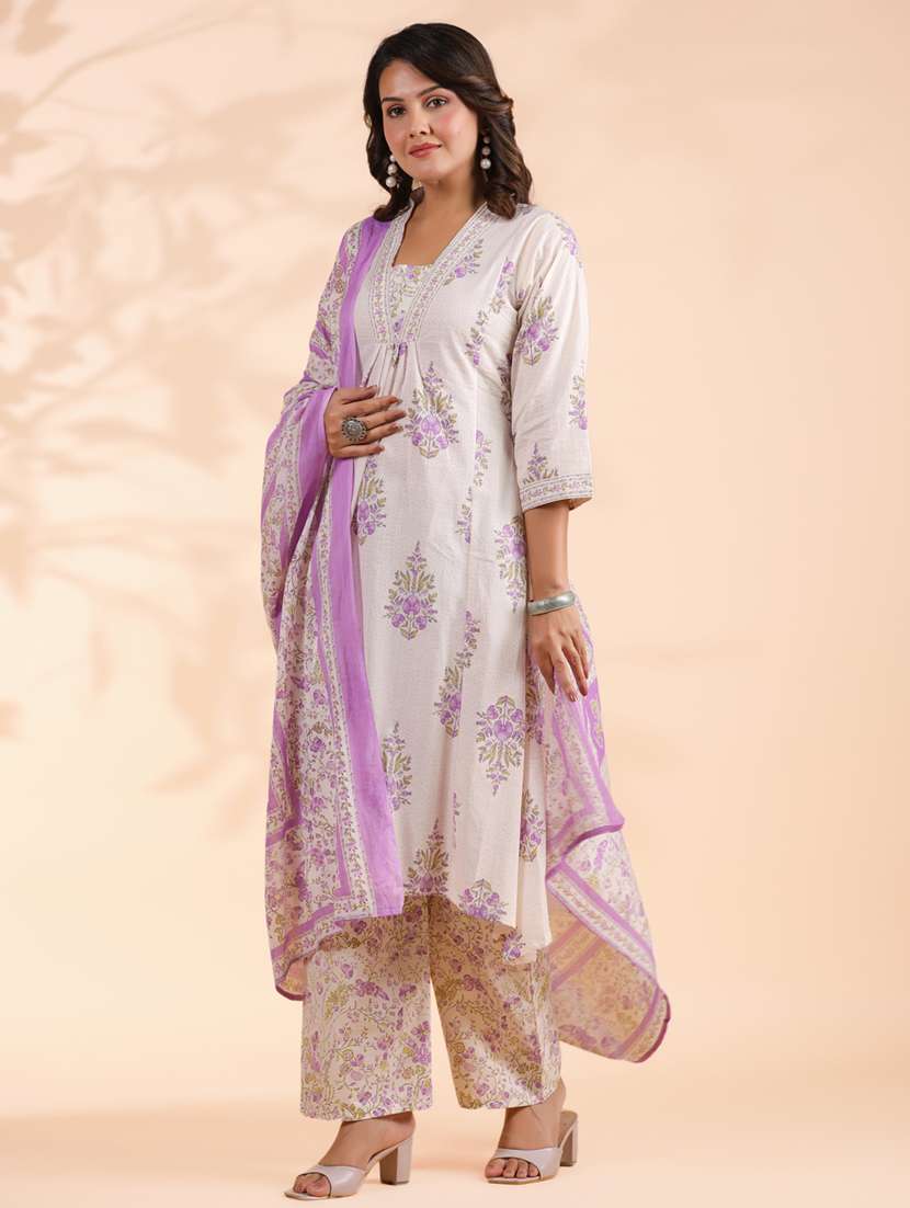 women three quarter sleeve kurta palazzo with dupatta set