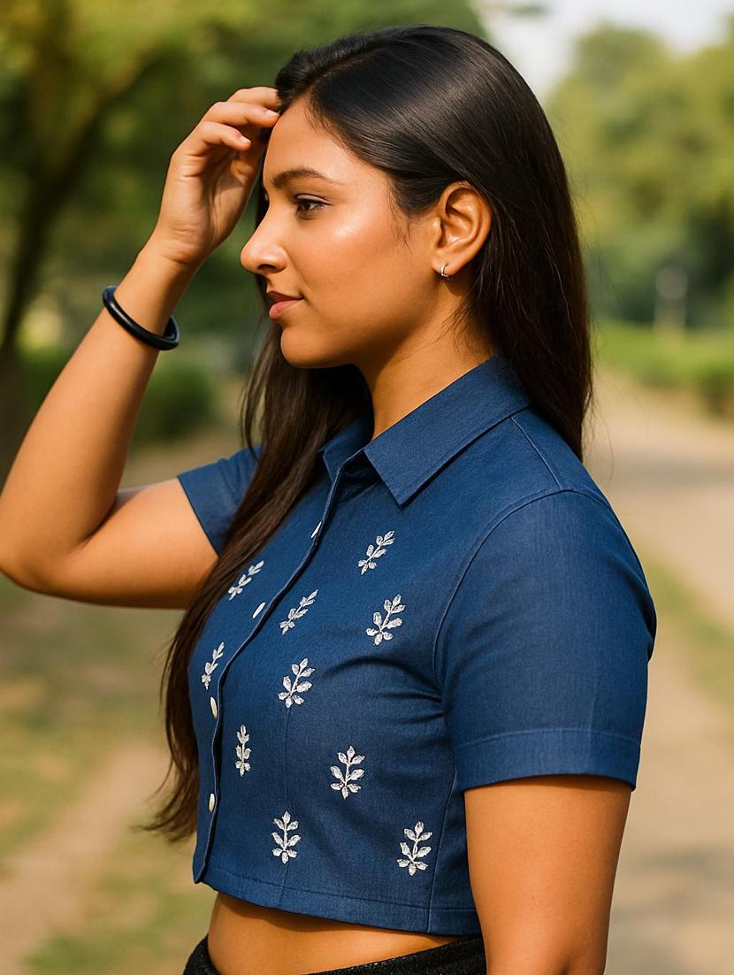 women embroidered collared denim shirt style top - 21939351 - Standard Image - 2
