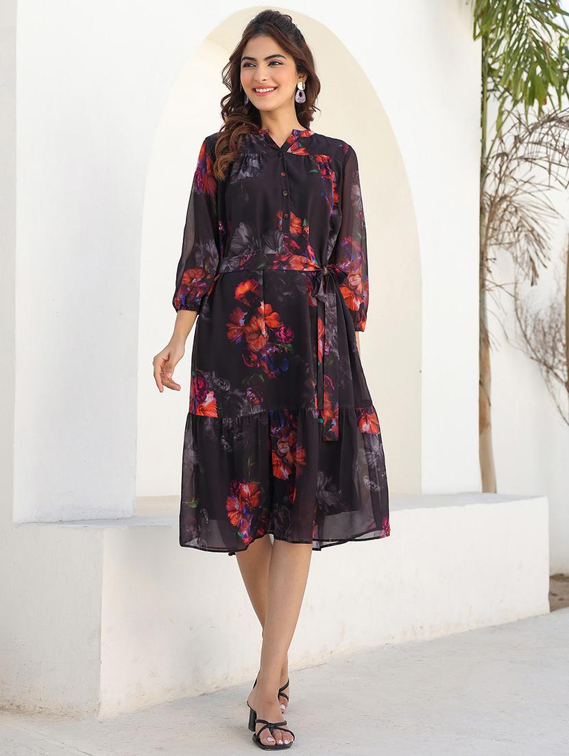 women printed three quarter sleeve tiered dress - 21939361 - Zoom Image - 0