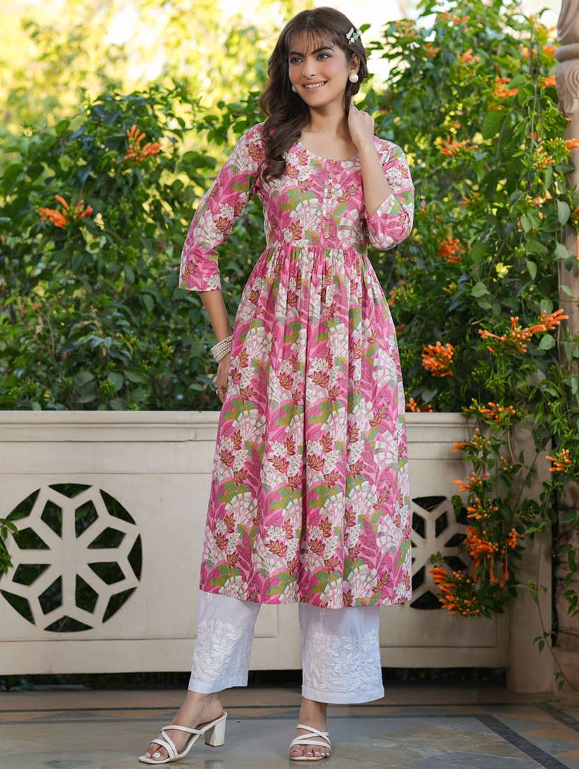 women pink three quarter sleeve a-line kurta 