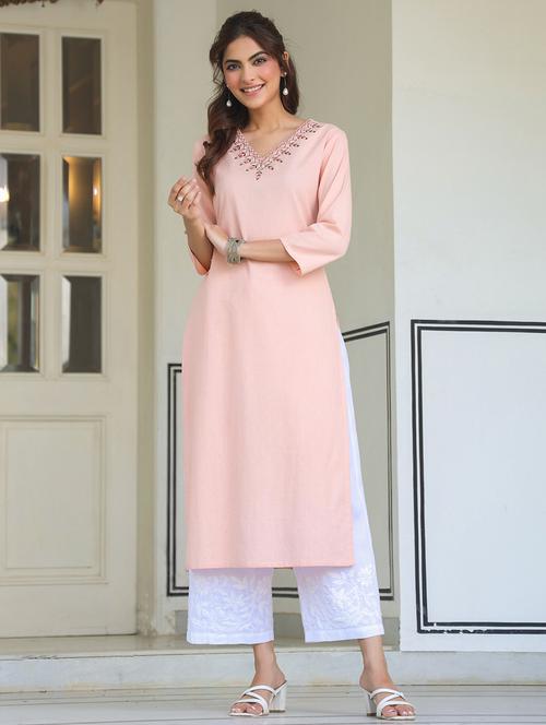 women three quarter sleeve straight kurta - 21939430 - Standard Image - 0