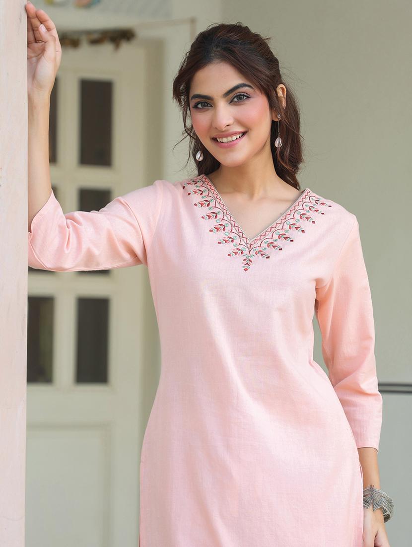 women three quarter sleeve straight kurta - 21939430 - Standard Image - 2
